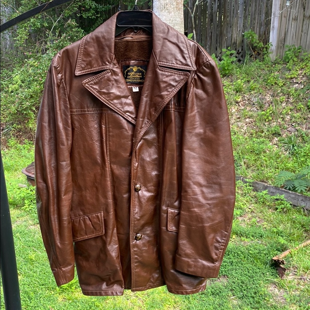 Vintage 70s Genuine Leather Brown Lined Leather Jacket Mens Size 42 Wood Buttons